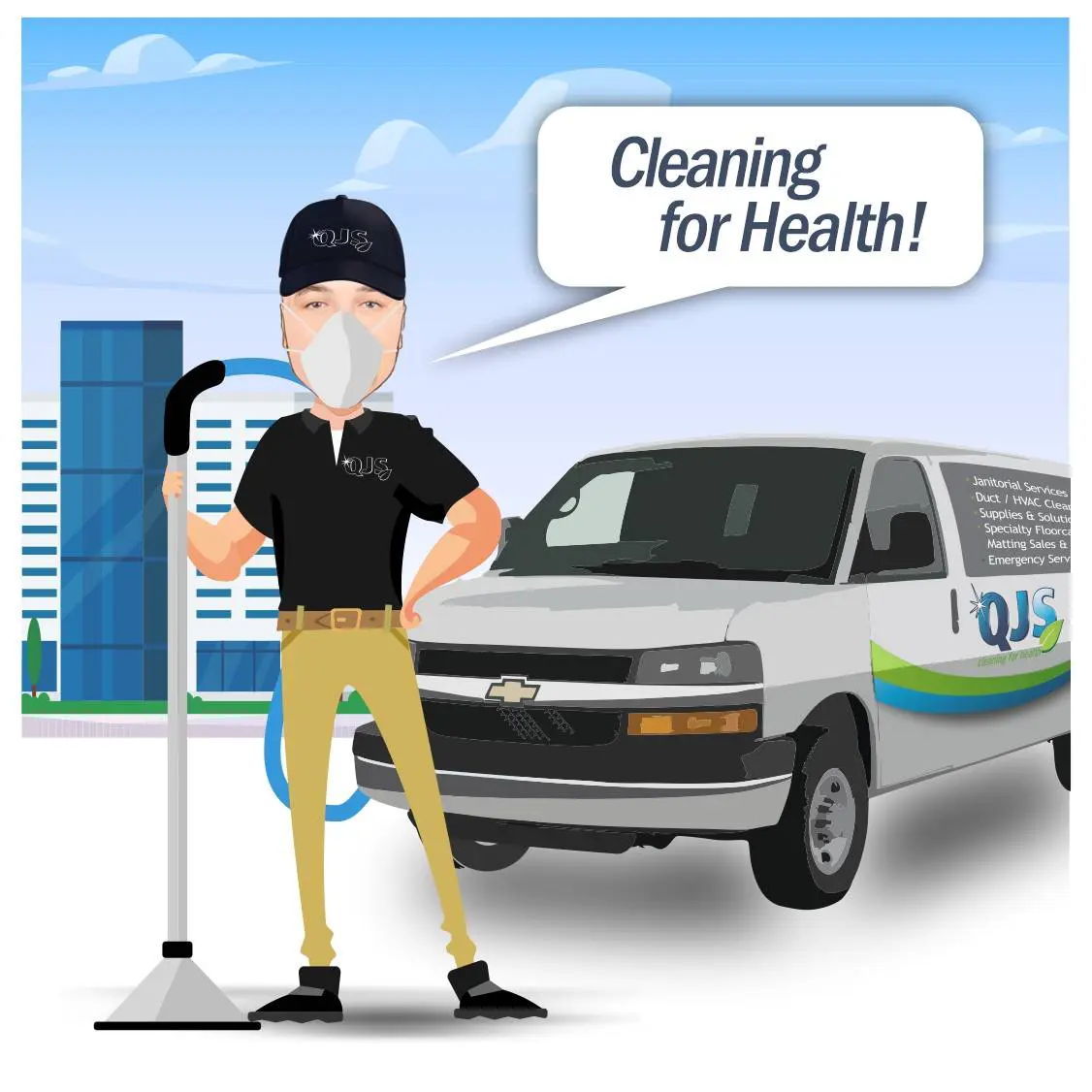 Cartoon worker wearing a mask, holding a cleaning tool next to a branded van with "Cleaning for Health!" in a speech bubble. Urban background.